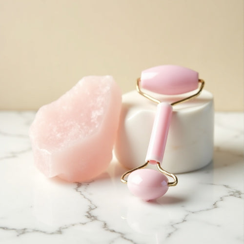Kit ritual facial gua sha cuarzo rosa y rodillo sobre mármol