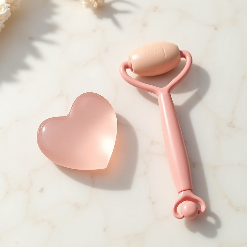 Gua sha plano de cuarzo rosa en forma de corazón y rodillo facial